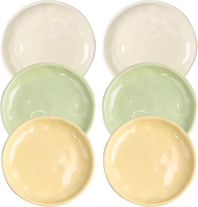 6 Inch Ceramic Salad Plates, Set of 6 - Small Appetizer & Dessert Plates for Portion Control, Microwave & Dishwasher Safe, Chip-Resistant (Soft Green, Cream Yellow, Creamy White (6)