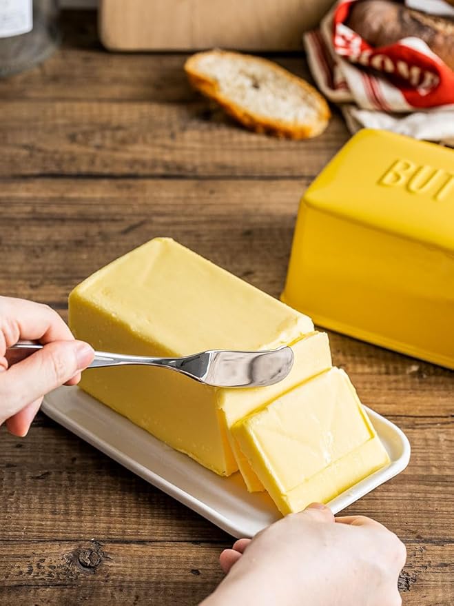 Porcelain Covered Butter Dish with Lid for Countertop Butter Holder Container for One Stick of Butter. Textured Tray Butter Keeper for Non Slip Storage-Yellow