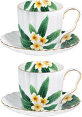 KAMMAK Tea Cups and Saucers Set of 2, Fine Bone China Coffee Cups, Stackable Espresso Mugs, Ceramic Demitasse for Coffee, Cappuccino, Latte, Americano, Tea, Green Leaf Frangipani