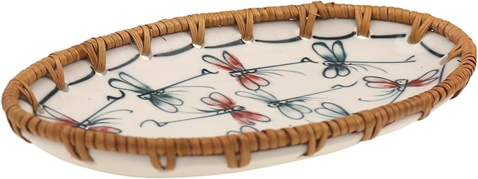 Rattan Ceramic Tray, Oval Fruit/Bread/Cookie/Jewelry Small Storage Porcelain Serving Plate, Vintage Decorative Display Plate for Coffee Table Home Decor Wedding Party Gift (Red Dragonfly)