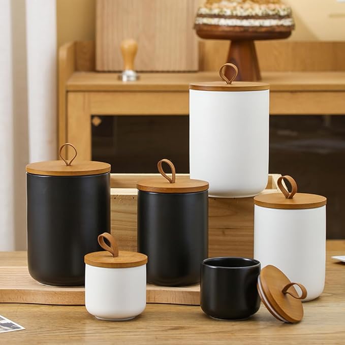 MilkyWay Ceramic Food Storage Jar, Storage Canisters with Airtight Seal Bamboo Lid Modern Design Seal Damp-Proof Kitchen Jar for Coffee, Tea, Spice and More (Black 3 sets)
