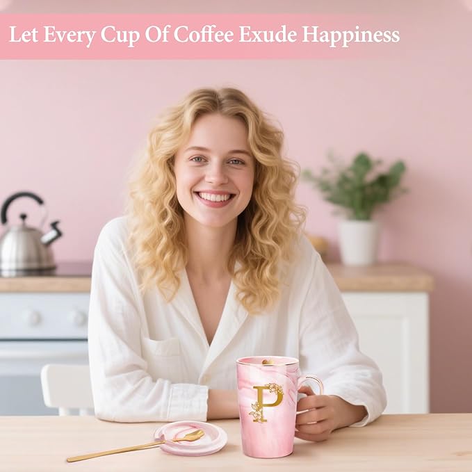 Coffee Mugs - Birthday Gifts for Women, Personalized Initial Customized Mug Tea Cup with Lid 14 Oz Pink, Spoon Greeting Card, Luxury Gift-Boxed Christmas Gift for Her Wife Mom Grandma Friend Unique,P