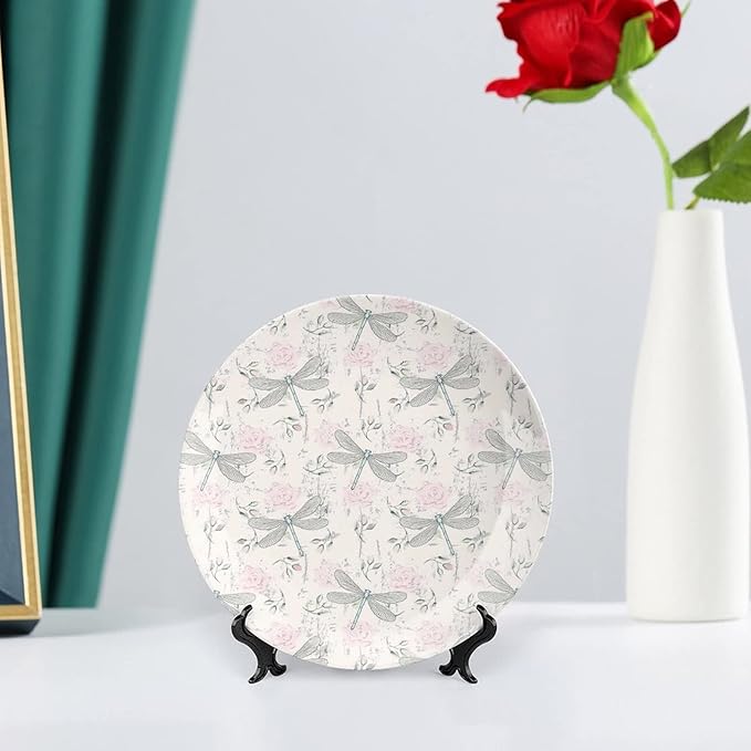 XISUNYA 7 Inch Decorative Plate, Dragonfly Tableware Plate, Chic Roses Vintage Moth Bugs Print Ceramic Wall Hanging Decor Accessory for Dining Table Tabletop Home Decor