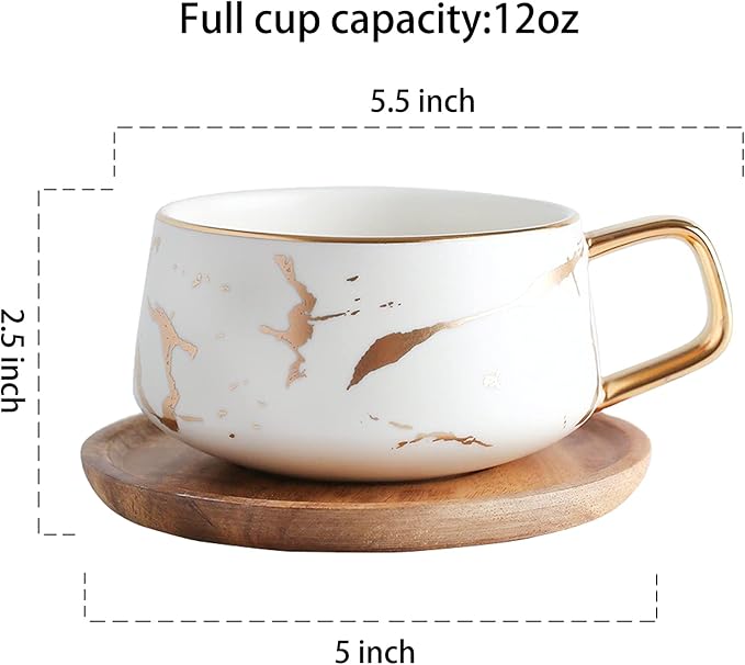 LUCCK 12oz Ceramic Marble Tea Cup with Wooden Saucer Ceramic Coffee Cup Cappuccino Cup Luxury Gold Inlay Fashion Marble Pattern for Women(White)