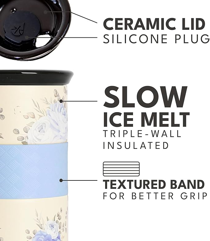 Elemental Artisan Insulated Tumbler, Triple Wall Coffee Travel Mug, Reusable Stainless Steel Coffee Tumbler with Ceramic Lid, Thermal Coffee Cups for Hot (6 Hrs) & Cold (18 Hrs), 16oz - Blue Blooms