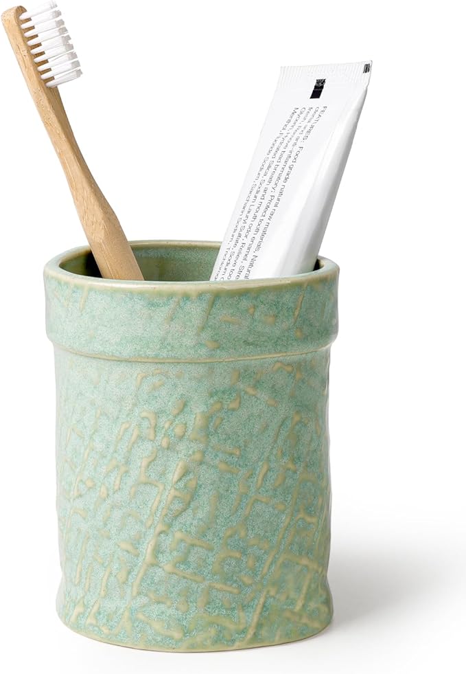 Toothbrush Holder, Tooth Brush Holder for Bathroom - Ceramic Toothbrush Cup Toothbrush Holders Countertop, Makeup Brush Holder Pen Holder, 3.54" x 3.54" x 4.33", Green, ANTIS'S HOME