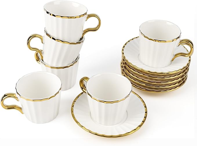 3.2oz Ceramic Turkish Coffee Cup Set of 6, British Italian Cappuccino Cups Porcelain Espresso Cups and Saucers with Gold Trim for Double Espresso Cappuccino Latte Mocha Tea, Gold