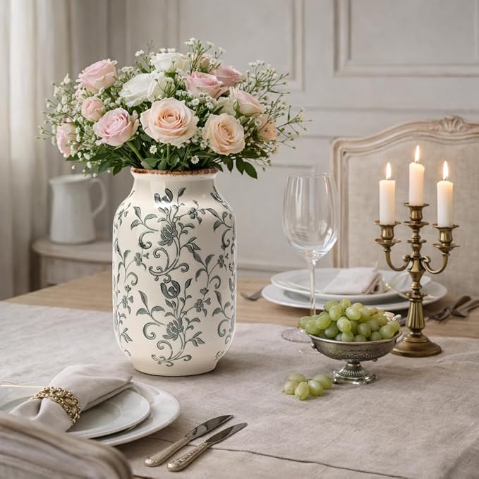 SIDUCAL Ceramic Vintage Vase, 8.78 Inch Chinoiserie Floral Vase, Retro Ice Cracked Rustic Farmhouse Vases for Home Decor, Living Room, Bookshelf, Office, Tuscan Decor, Gray Floral Pattern