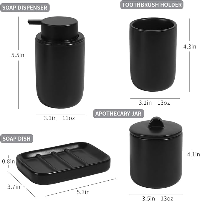 BosilunLife Ceramic Bathroom Accessories Sets Complete Bathroom soap Dispenser and Toothbrush Holder Set (Black-Foam)