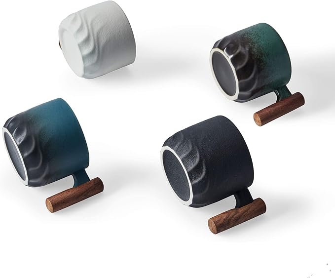 Ceramic Espresso Cups with Wooden Handle Espresso Shot Cups Ceramic Tea Cups Porcelain Demitasse Cups for Coffee or Tea, 2oz (Black-Blue-Green, 6)