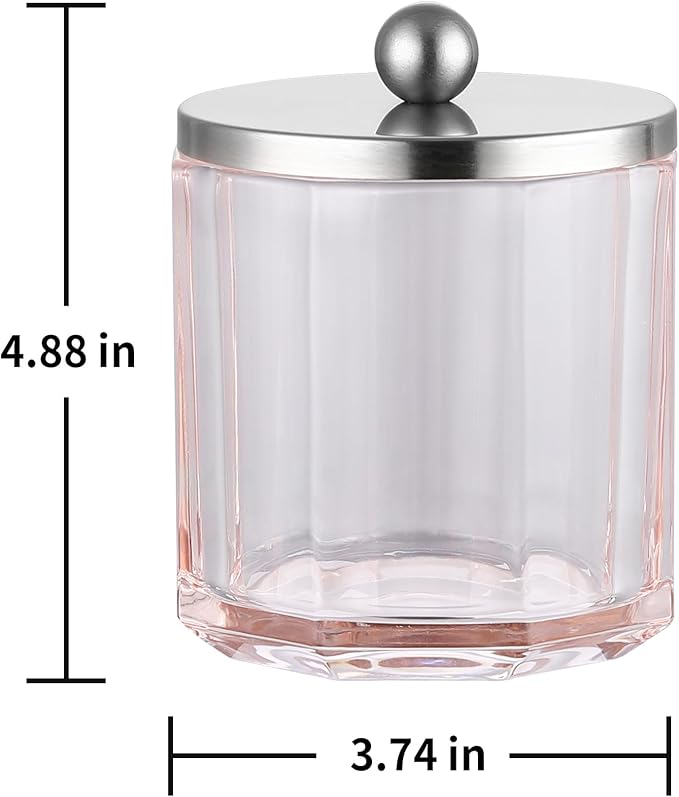 Blush Translucent Apothecary Octagional Shaped Glass Canister Jar With Metal Lid Cover for Bathroom Organization, Cotton Balls, Q Tips, and Small Accessories, Bathroom Storage