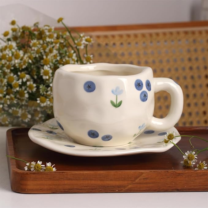 TREEWOO Hand Painted Blueberry Ceramic Coffee Cup and Saucer Set, 250ml/8 oz, Korean Style, Hand Pinched Irregular Cappuccino Latte Tea Cup