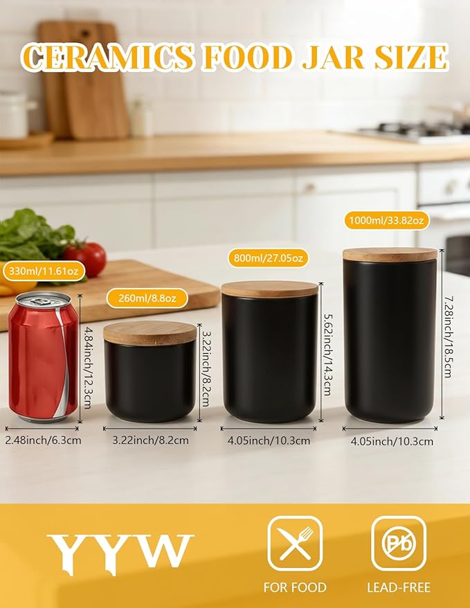 YYW Ceramic Food Storage Containers with Lids, Kitchen Canisters for Countertop, Black Food Containers Jar for Flour, Coffee Bean, Sugar, Tea, Spices and More, Home Decor (1000ml/33.81oz)
