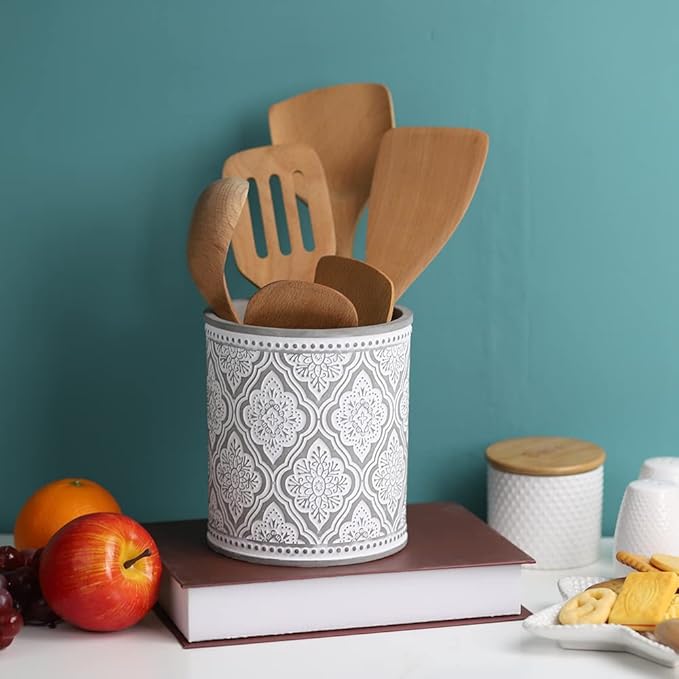 Kitchen Utensil Holder, Extra Large Farmhouse Utensil Holders for Countertop, Heavy Cement Utensil Crock, Utensil Organizer for Home Décor