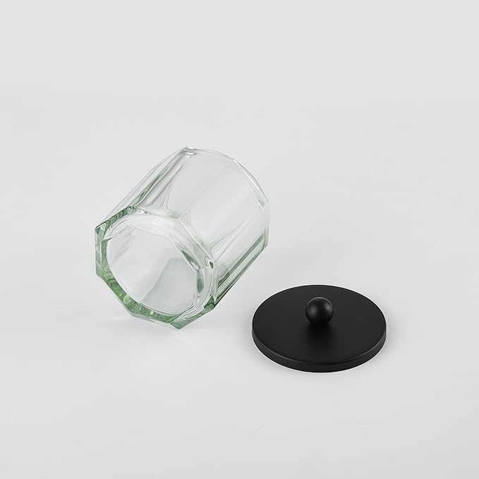 Sage Green Translucent Apothecary Octagional Shaped Glass Canister Jar With Black Metal Lid Cover for Bathroom Organization, Cotton Balls, Q Tips, and Small Accessories, Bathroom Storage
