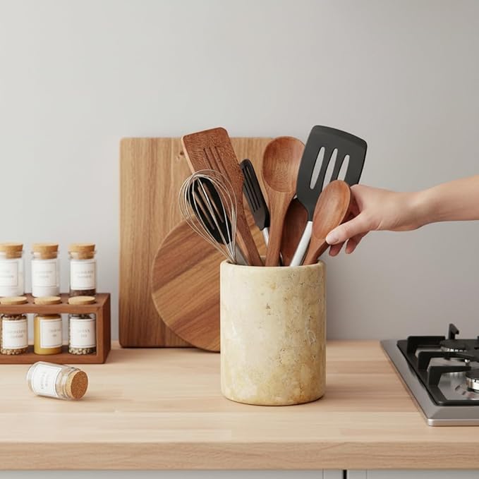 Marble Utensil Holder 6.5 Inch Travertine Utensil Caddy, Wooden Cooking Utensils Set & Spatula Organizer for Kitchen Counter Decor, Stone Crock for Spoon Holder & Farmhouse Decor