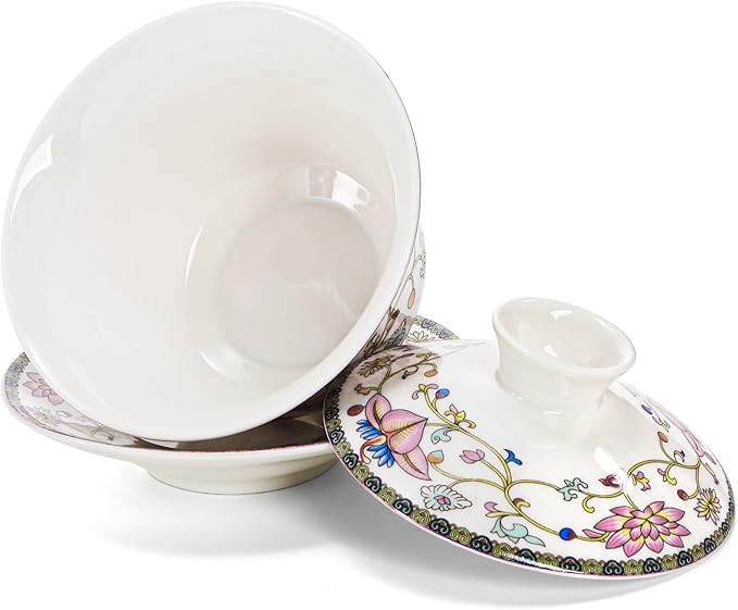 Set of 3 Gaiwan Chinese Tea Cup, 10 Oz Large Porcelain Tea Cup with Lid and Saucer, Traditional Handmade Kungfu Tea Bowl Set for Home Decor Kitchen Coffee, Flower Pattern