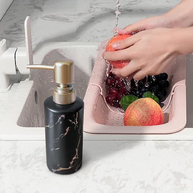 Gold Soap Dispenser for Bathroom or Kitchen, Skinny Ceramic Lotion Bottle with Marble Pattern, Rust-Free Pump(Black)