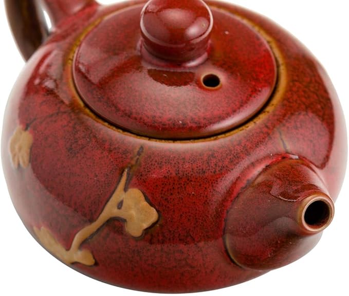 TJ Global Chinese/Japanese Ceramic Tea Set, 100% Handmade Traditional Tea Ceremony Set with Teapots, 6 Teacups, Bamboo Tea Tray with Drainage (Red)
