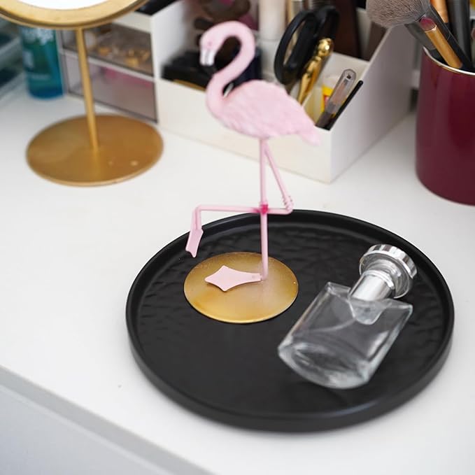 Ceramic Round Bathroom Vanity Tray, 7.5" Decorative Perfume Candle Holder Tray for Dresser Top (Black)