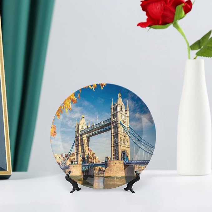 XISUNYA 8 Inch Decorative Plate, London Porcelain Plate, Historical Tower Bridge Mossy Abutments Autumnal Leaves Print Ornament Display Plate Handmade Plate Wedding Gifts, Yellow Blue Ivory