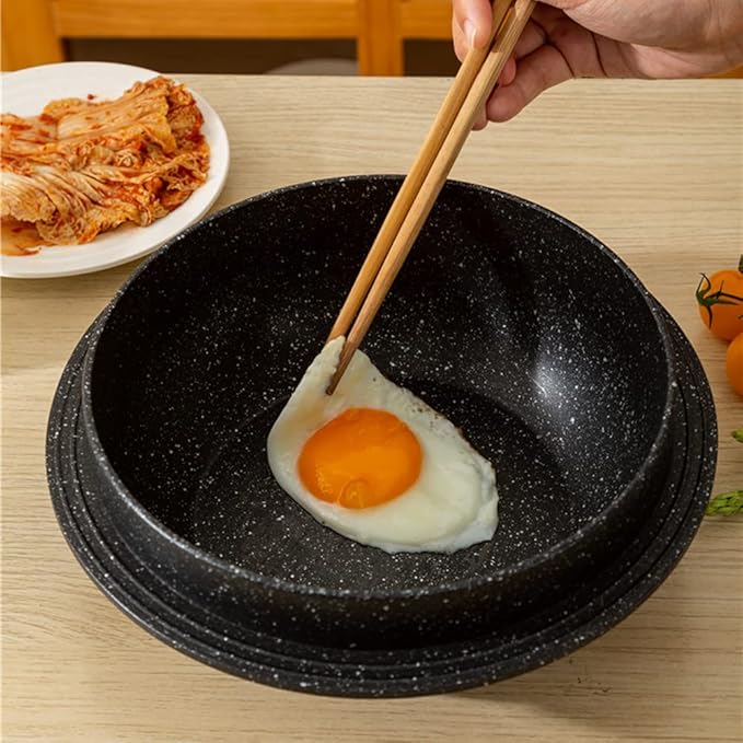 Cast Aluminum Pot with Lid, 72 oz Non-Stick Casserole Dish Korean Stone Bowl Induction Compatible, 2150 ml - Black