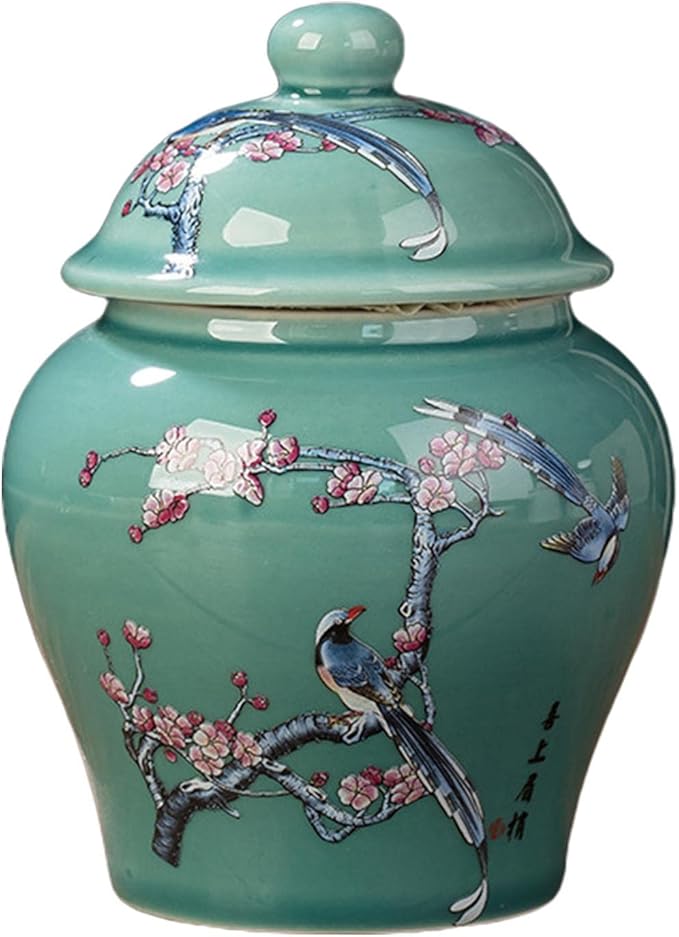 Ceramic Ginger Jar Vase Chinese Crafts Ornaments with Lid Porcelain Jars Asian Ginger Jar for Desktop Living Room Party Home Tea Storage, Plum Blossom Belly