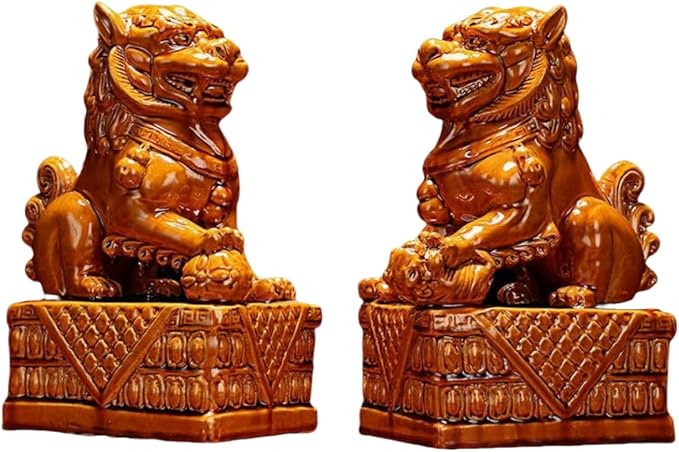 Art Sculpture/Figurine/Decorative Ceramic Lions Pair Home Decorations Asian Art Desktop Feng Shui Ornaments Yellow Brown