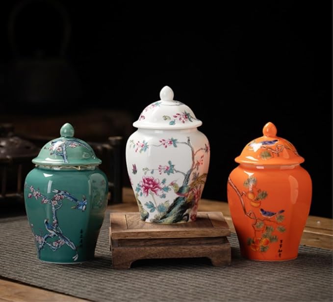 Ginger Jar Decorative Jars Ceramic Ginger Jar Vase Chinoiserie Chinese Style Traditional Porcelain Jars Asian Ginger Jar for Home Storage Jar Apothecary Jars(B)