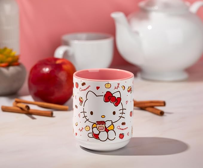 Silver Buffalo Sanrio Hello Kitty Cinnamon Apples Asian Ceramic Tea Cup | Traditional Japanese-Inspired Mug Without Handle | Holds 12 Ounces