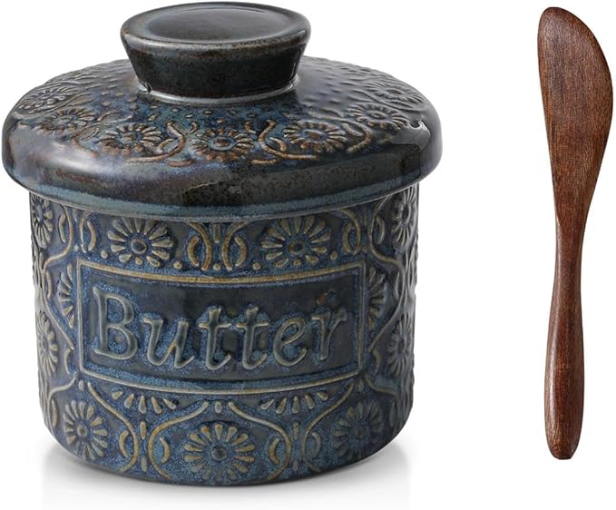 iobiotio Butter Crock for Countertop, Ceramic Butter Crock with Lid and Wooden Knife, Butter Keeper with Water Line for Fresh Spreadable Butterfor, Darke Blue