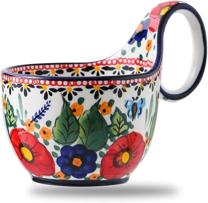 Handmade Ceramic Soup Bowl with Loop Handle, Polish Pottery Large Mug Cup, 18 oz Cup Perfect for Yogurt, Cereal, Soup, Pho, Stew, Salad, Dishwasher Microwave, Oven Safe Gift for Women