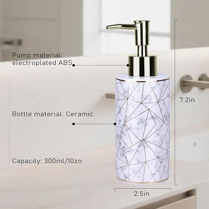 Bathroom Soap Dispenser Ceramic with Marble Pattern & Gold Thread Decoration - Refillable Liquid Soap Bottle for Bathroom, Dish Soap Dispenser for Kitchen (10oz, White)
