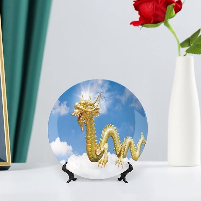 XISUNYA 7 Inch Decorative Plate, Dragon Dinner Plate, Traditional Chinese Dragon Hovering at Cloud Sky Print Ceramic Wall Hanging Decor Accessory for Dining Table Tabletop Home Decor