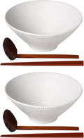 Kanwone Ceramic Japanese Ramen Bowl Set, Noodle Soup Bowls - 37 Ounce, with Matching Spoons and Chopsticks for Udon Soba Pho Asian Noodles, Set of 2, White