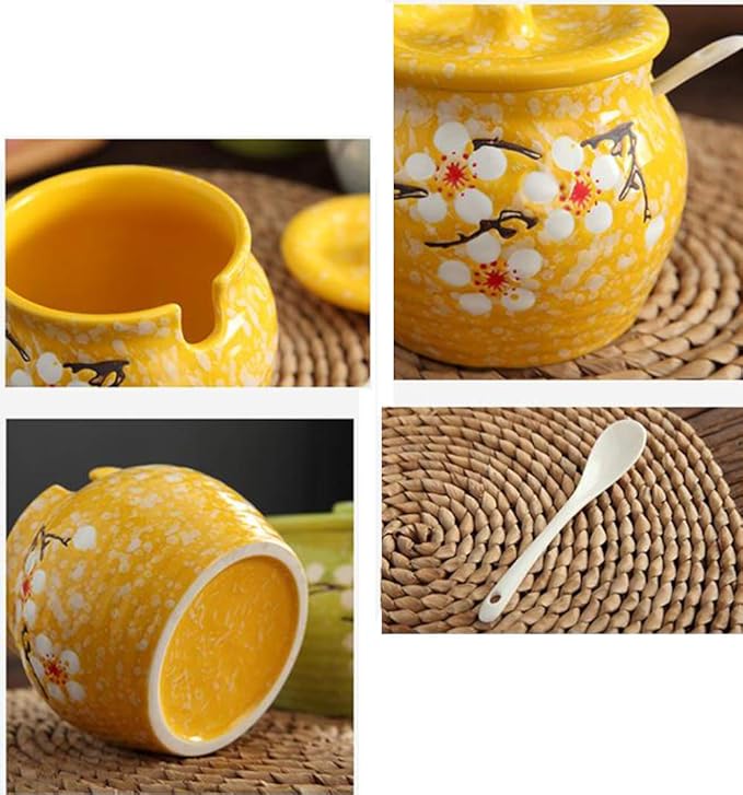 Ceramic Flower Sugar Bowl Seasoning Pot Salt Pepper Storage Jar with Lid And Spoon