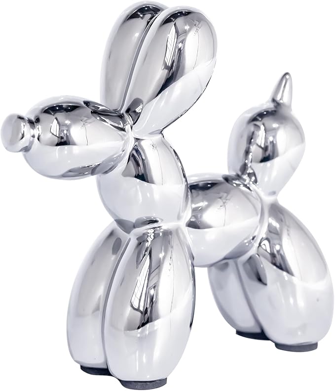 Creative Silver Balloon Dog Statues Small Ceramic Animal Sculpture Modern Home Decor Living Room Desktop Decorations Bedroom Office Cabinet Ornament (Silver)