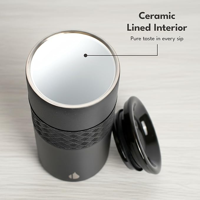 Elemental Artisan Inner Ceramic Coating Tumbler, Triple Wall Coffee Travel Mug, Reusable Stainless Steel Coffee Tumbler with Ceramic Lid for Hot (6 Hrs) & Cold (18 Hrs), 16oz - Black