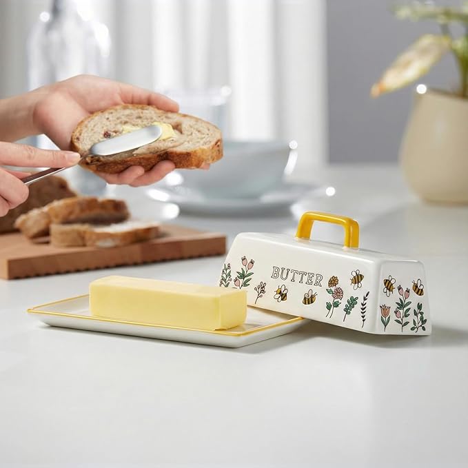 Kook Ceramic Butter Dish with Lid, Kitchen Countertop Butter Keeper, Serving Tray with Cover, Storage Container, Holds 1 Stick, Microwave and Dishwasher Safe, Meadow