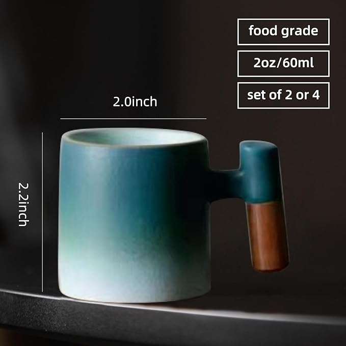 2-Oz Ceramic Espresso Cups with Wood Handle, 2/4-Piece Set for Coffee, Tea, Latte - Dishwasher Safe, Multi-Color & Wood Styles, Gift & Café Use (blue white, Wooden Handle2)