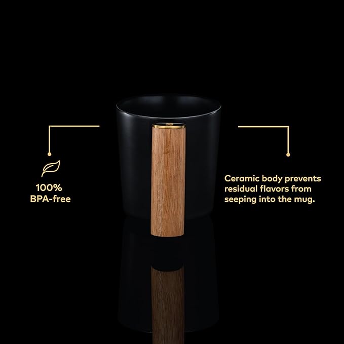 ChefWave Artisan Series Ceramic Coffee Mug with Bamboo Handle (Black) - Sleek, Modern Design, Perfect for Coffee, Tea or Cocoa