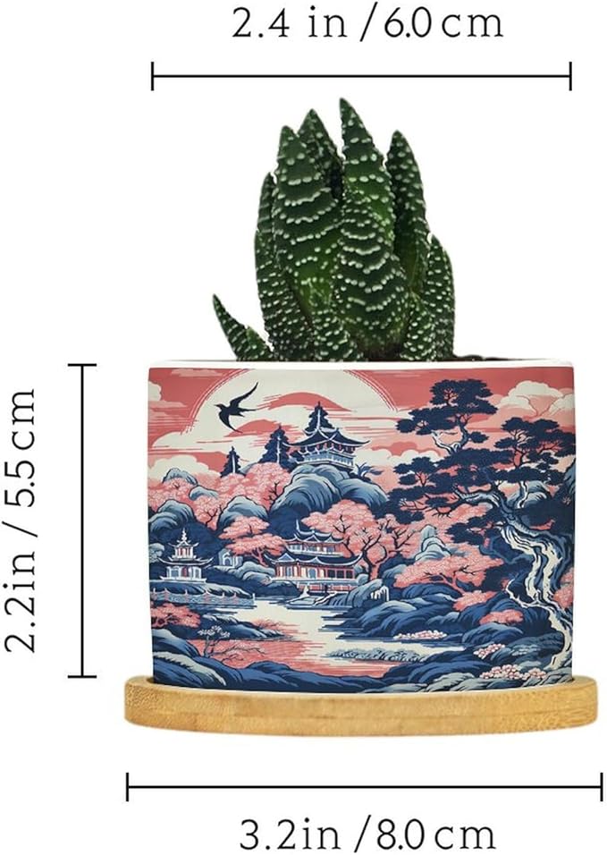 Pink Blue Chinoiserie Planter Ceramic Coral Chinoiserie Chic Asian Round Plant Pots with Drainage Holes and Bamboo Tray Pot for Home Desktop Office Windowsill