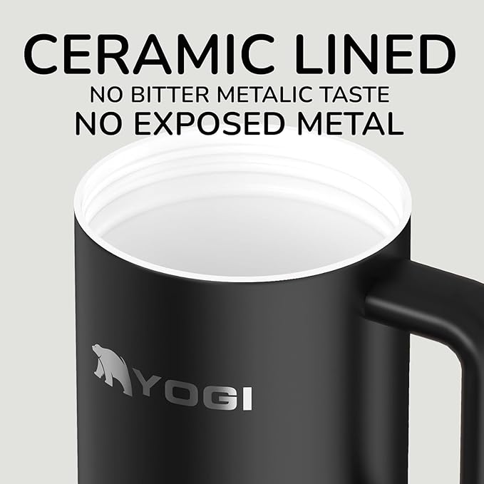YOGI Ceramic Lined Metal Allergy Safe 24oz Tumbler with Handle and Straw Leakproof Flip & Sip Lid Vacuum Insulated Stainless Steel Travel Cup for Iced Coffee Water and All-Day Hydration 24oz Onyz