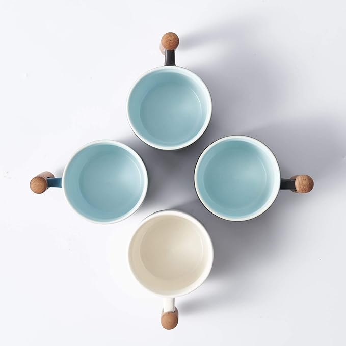 Ceramic Espresso Cups with Wooden Handle Espresso Shot Cups Ceramic Tea Cups Porcelain Demitasse Cups for Coffee or Tea, 2oz (green, 2)