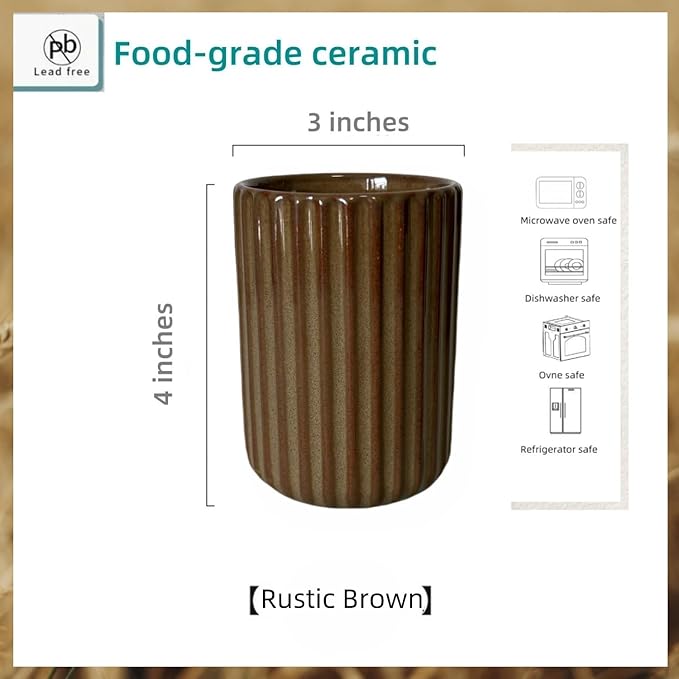 Stoneware Coffee Bar Utensil Holder Tea & Coffee Spoon & Stirrer Holder for Stir Stick Straw Teaspoon Holder Spoon Cup Small Utensil Jar Fluted Vertical Stripe (Rustic Brown)