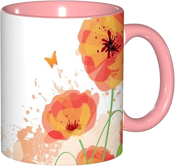 Poppy Flower,Funny Novelty Ceramic Coffee Cups With Handle,Watercolors Design of Poppy Tea Cup for Office and Home, 11 Oz,Dishwasher Microwave Safe (Pink)