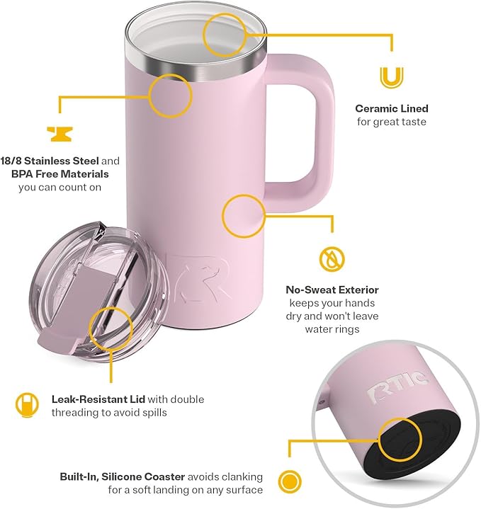 RTIC 16oz Road Trip Travel Mug with Lid and Handle, Ceramic Lined, Insulated, Stainless Steel, Metal, Double Wall Vacuum-Insulation, Portable Coffee, Tea Cup for Hot and Cold Drink, Pale Pink