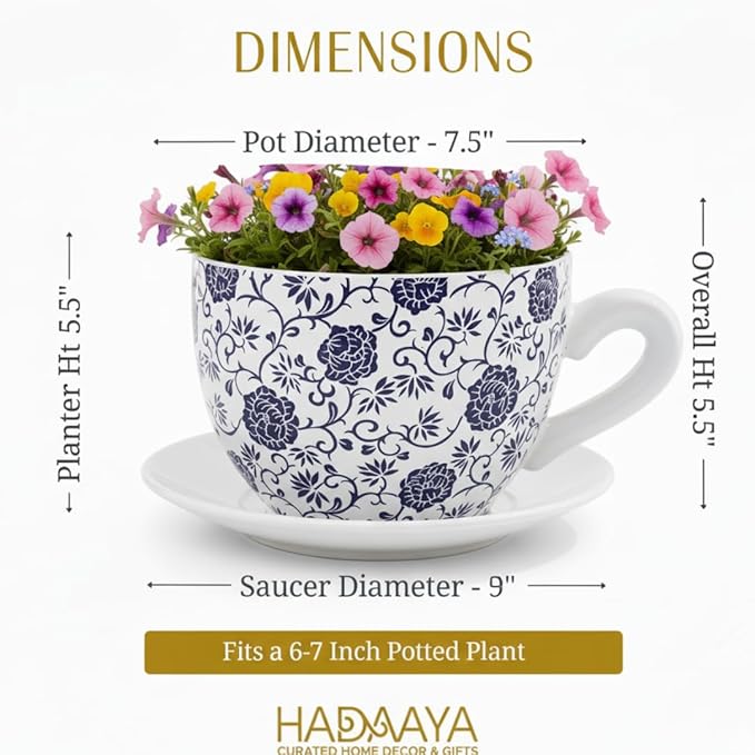 7.5" Ceramic Teacup Planter Pot with Saucer | Ideal for Succulents, Orchids, Herbs & Flowers | Indoor Use| Gift for Valentine's Day, Gift Basket, Sympathy & More – White Blue Floral
