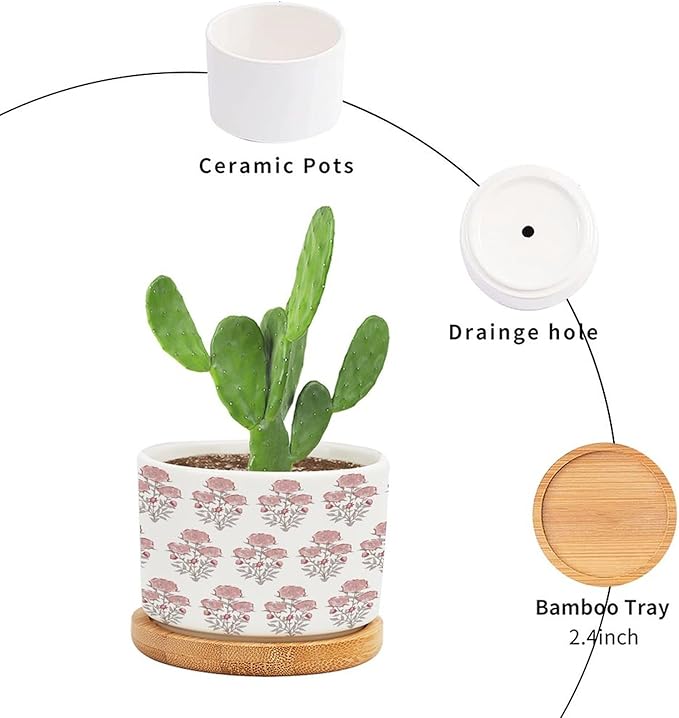 DreamAutumn Pink Flower Planter Ceramic Round Plant Pots with Drainage Holes and Bamboo Tray Planting Small Flower Pots for Home Windowsill Desk Garden Indoor Outdoor Use