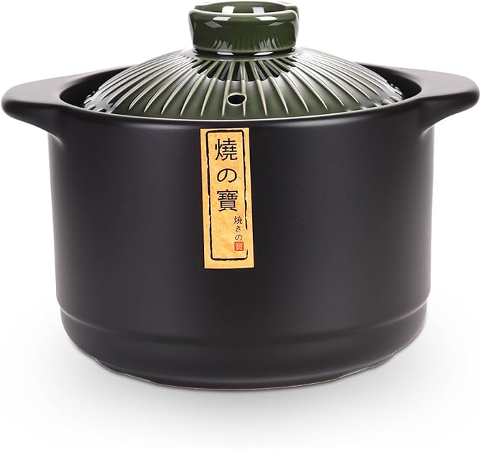 Ceramic Cooking Pot 2.1QT – Authentic Japanese Donabe Clay Pot – Earthenware Stew Pot for Slow Cooking, Casserole with Green Lid, Healthy & Non Toxic